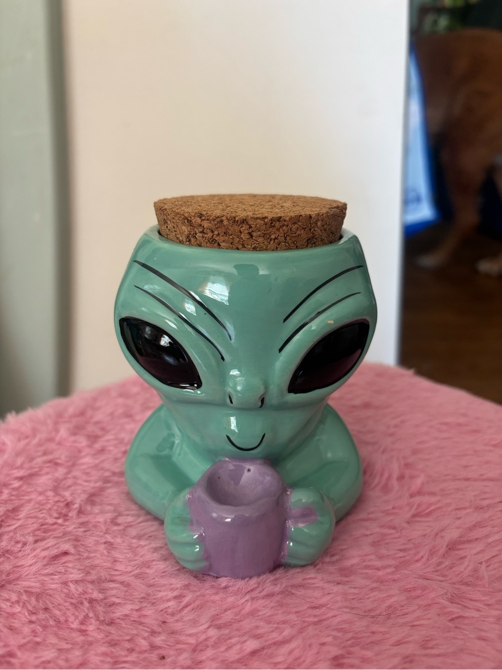 Alien Ceramic Treat Jar in Mint Green with Purple Cup